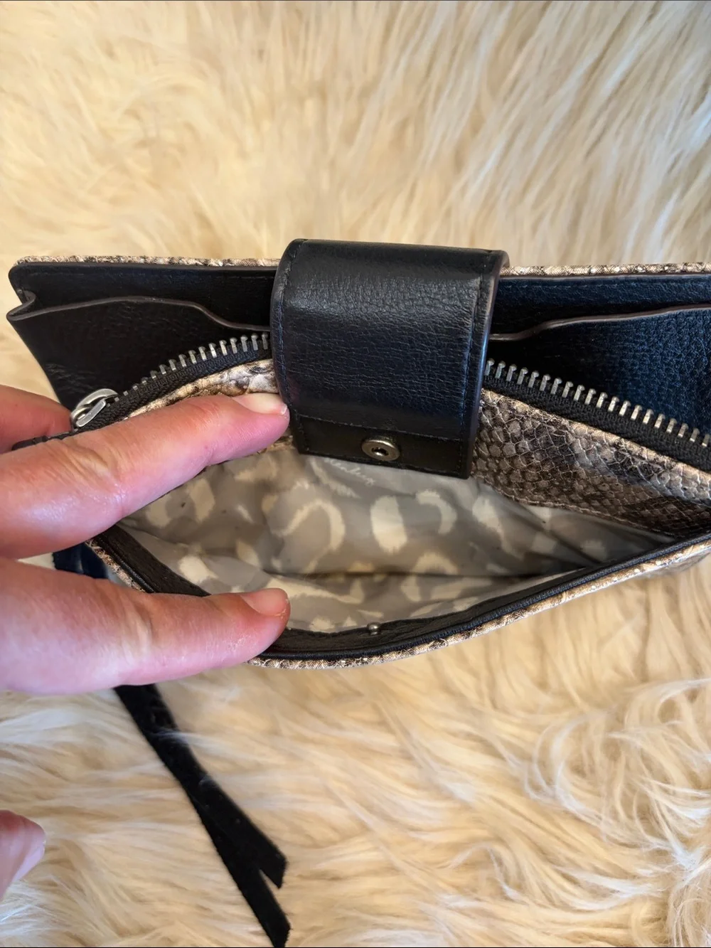 Aimee Kestenberg Gray Snake-Print Leather Wristlet with Black Snap and Strap